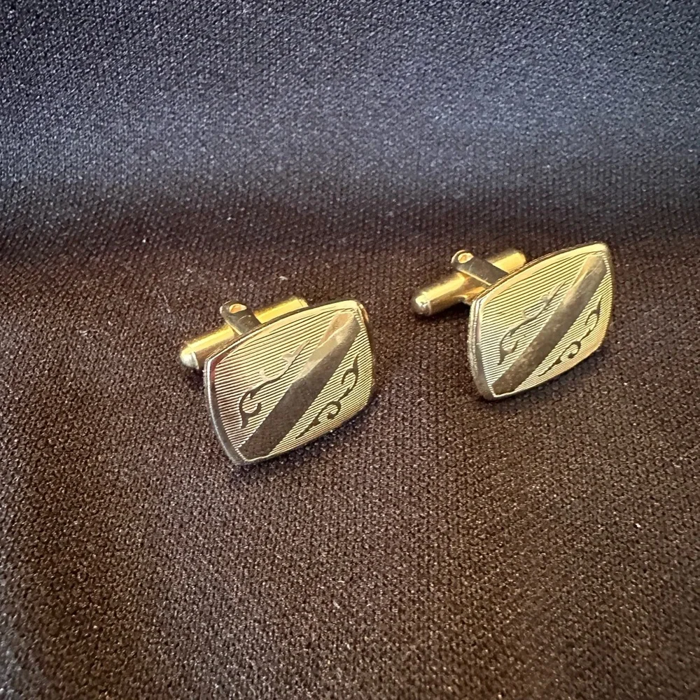 Vintage Gold Tone Rectangular Cufflinks with Diagonal Banner Engraved Design